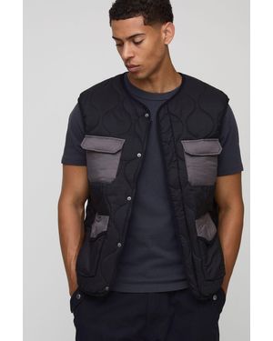 BoohooMAN Regular Fit Collarless Quilted Ripstop Color Block Gilet - Blue