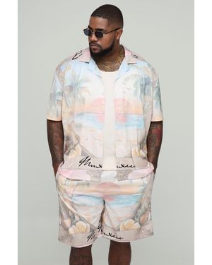 BoohooMAN Plus Oversized Half Sleeve Palm Tree Printed Satin Shirt & Short Set - Pink