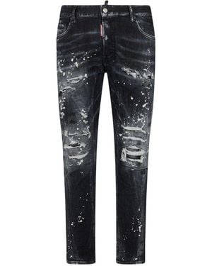 BoohooMAN Dsquared2 Tidy Biker Jean Paint Splash Reinforced Ripped Black Jeans