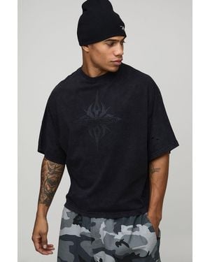 BoohooMAN Oversized Boxy Batwing Heavyweight Washed Distressed Ofclman T-Shirt - Black