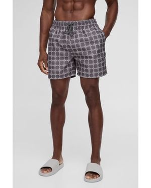 BoohooMAN Mittellange karierte Badehose - Grau