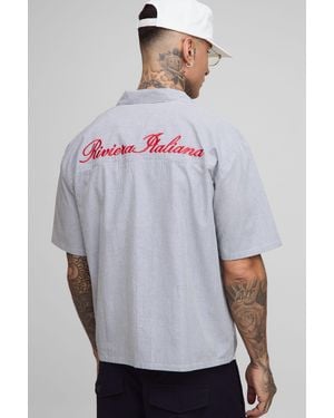 BoohooMAN Tall Oversized Boxy Revere Stripe Embroidered Shirt - Gray