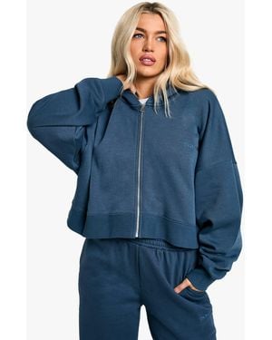 BoohooMAN Dsgn Studio Embroidered Boxy Crop Zip Through Hoodie - Blue