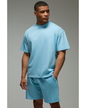 BoohooMAN Active Training Dept Oversized Embossed T-Shirt & Short Set - Blue