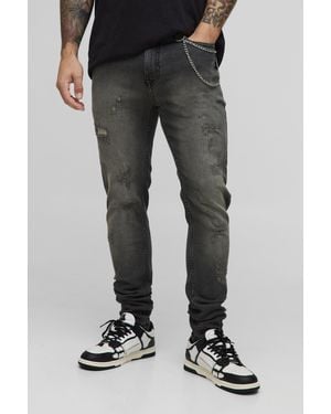 BoohooMAN Skinny Stretch Distressed Washed Grey Jeans With Chain - Schwarz