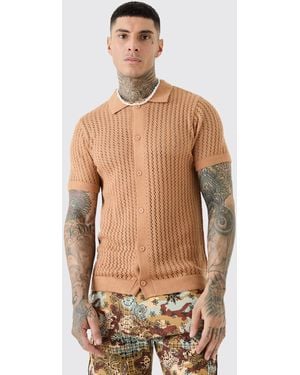 BoohooMAN Tall Open Stitch Short Sleeve Knitted Shirt In Taupe - Blue