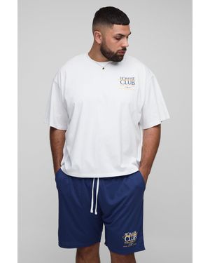 BoohooMAN Plus Oversized Boxy Embroidered Homme Club T-Shirt & Mesh Shorts Set - White