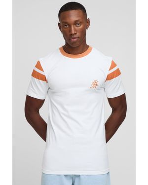 BoohooMAN Muscle Embroidered Stripe Detail T-Shirt - White