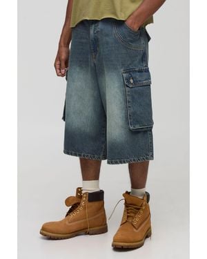 BoohooMAN Longline Cargo Denim Jorts - Blue