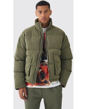 BoohooMAN Faux Suede Funnel Neck Puffer Jacket In Khaki - Green