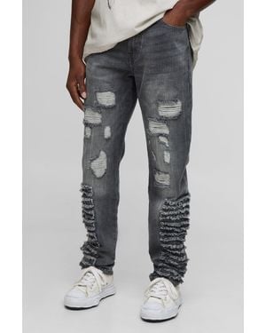 BoohooMAN Slim Stacked Ripped Charcoal Washed Jeans - Grey