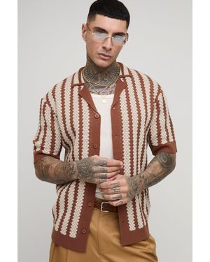 Boohoo Tall Oversized Stripe Crochet Polo Shirt - Natural