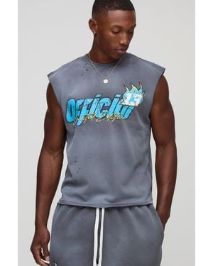 BoohooMAN Shrunken Boxy Moto Graphic Washed Distressed Tank - Blue