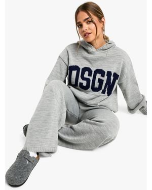 BoohooMAN Petite Dsgn Studio Knitted Contrast Hoodie And Wide Leg Trouser Co Ord - Grey