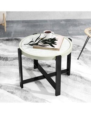 BoohooMAN Outsunny Round Small Garden Table With Faux Marble Glass Top, Light Grey - Metallic