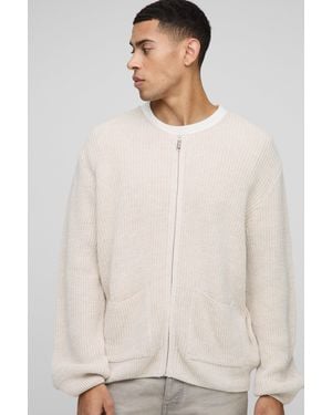 BoohooMAN Gerippter kragenloser Strick-Cardigan mit Reißverschluss - Weiß
