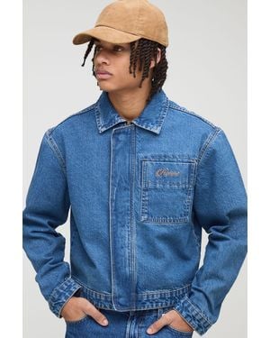 BoohooMAN Regular Fit Concealed Placket Embroidered Jean Jacket - Blue