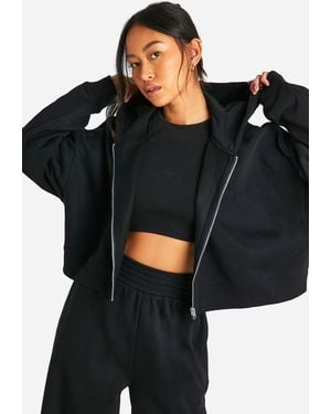 BoohooMAN Dsgn Studio Embroidered Zip Through Boxy Crop Hoodie - Black