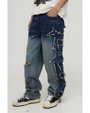 BoohooMAN Relaxed Raw Edge Applique Denim Jeans - Blau