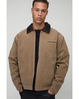 BoohooMAN Tall Oversized Boxy Contrast Collar Faux Suede Harrington Jacket - Natural