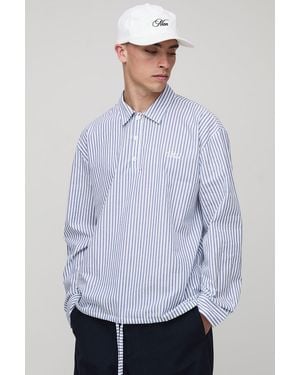 BoohooMAN Oversized Long Sleeve Stripe Embroidered Bungee Rugby Shirt - White