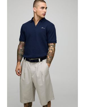 BoohooMAN Slim Fit Bm Signature Embroidered V Neck Textured Polo - Blue