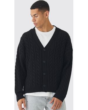 BoohooMAN Kastiger Oversize Zopfmuster-Cardigan - Schwarz