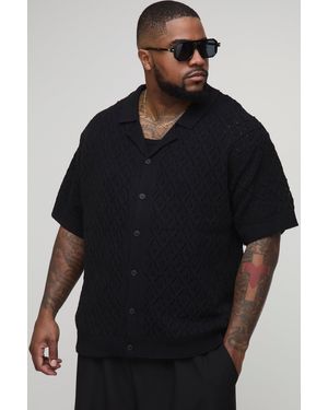 BoohooMAN Plus Oversized Leaf Pointelle Crochet Revere Shirt - Black