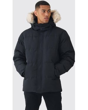 BoohooMAN Schwarze Steppjacke mit abnehmbarem Kunstpelz-Detail - Blau