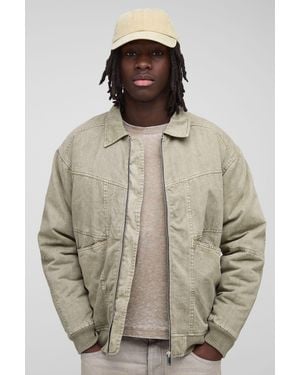 BoohooMAN Regular Fit Washed Twill Pocket Collared Bomber Jacket - Natural