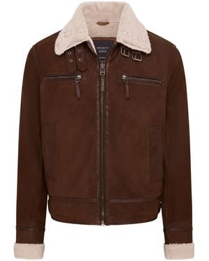 BoohooMAN Infinity Leather Real Sheep Suede Bomber Aviator Jacket - Sandnes - Brown