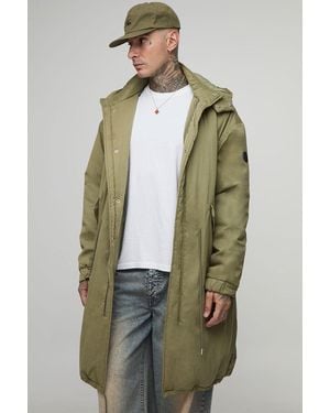 BoohooMAN Tall Regular Fit Peached Nylon Funnel Neck Mid Length Parka Jacket - Green