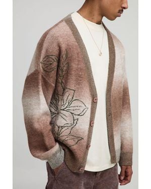 BoohooMAN Oversized Boxy Fit Ombre Stripe Floral Graphic Knitted Cardigan - Braun