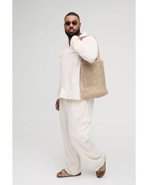 BoohooMAN Plus Regular Linen Cargo Shirt & Trouser Set - White