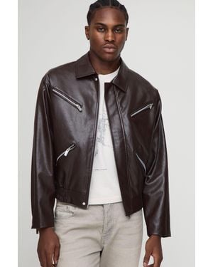 BoohooMAN Boxy Fit Zip Detail Pu Collared Bomber Jacket - Brown