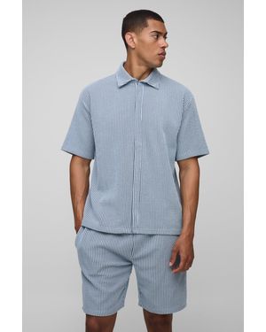 Boohoo Pantalón Corto Holgado Y Camisa Oversize De Tela Jersey Y Canalé Con Solapa Oculta - Azul
