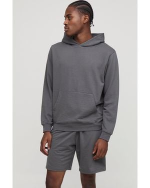BoohooMAN 260Gsm Loopback Basic Regular Fit Over The Head Hoodie And Relaxed Jersey Short Set - Gray