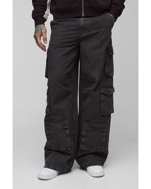 BoohooMAN Tall Washed Ripstop Multi Cargo Pocket Baggy Trousers - Black