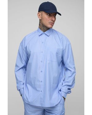 BoohooMAN Tall Stripe Poplin Super Relaxed Curved Hem Shirt - Blue