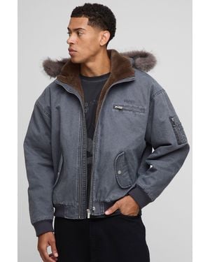 BoohooMAN Oversized Boxy Zip Detail Faux Fur Hooded Twill Bomber Jacket - Gray