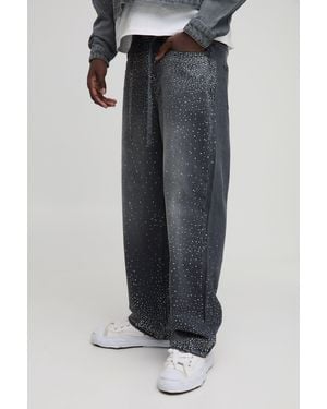 Boohoo Relaxed Fit Belted Rhinestone Washed Jeans - Black