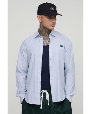 BoohooMAN Tall Stripe Embroidered Oversized Long Sleeve Shirt - Blue