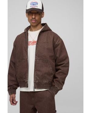 BoohooMAN Boxy Fit Padded Washed Twill Hooded Bomber Jacket - Brown