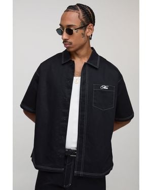BoohooMAN Twill Contrast Stitch Embroidered Short Sleeve Shirt - Blue