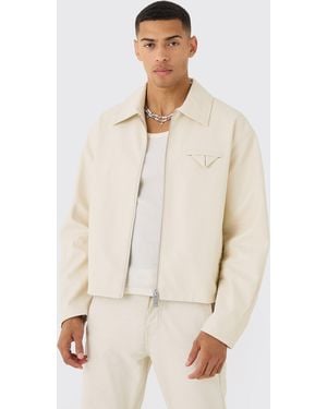BoohooMAN Boxy Textured Pu Collared Bomber Jacket In Ecru - Natural