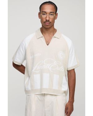 BoohooMAN Limited Edition Oversized Boxy Moto Jacquard Knitted Polo - White
