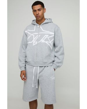 BoohooMAN Kurzer kastiger Oversize Trainingsanzug mit Sternen-Print und Reißverschluss - Grau