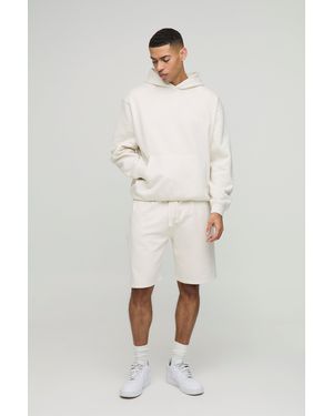 BoohooMAN Oversized Cross Applique Hooded Short Tracksuit - Natural