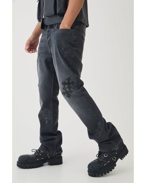BoohooMAN Slim Rigid Flare Cross Embroidered Jeans - Blue