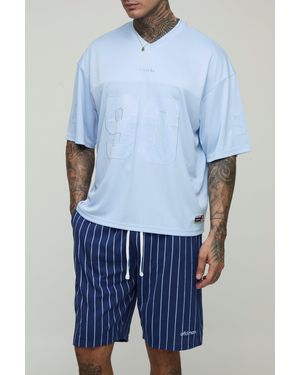 BoohooMAN Tall Oversized Boxy Hockey Applique T-Shirt & Airtex Shorts Set - Blue